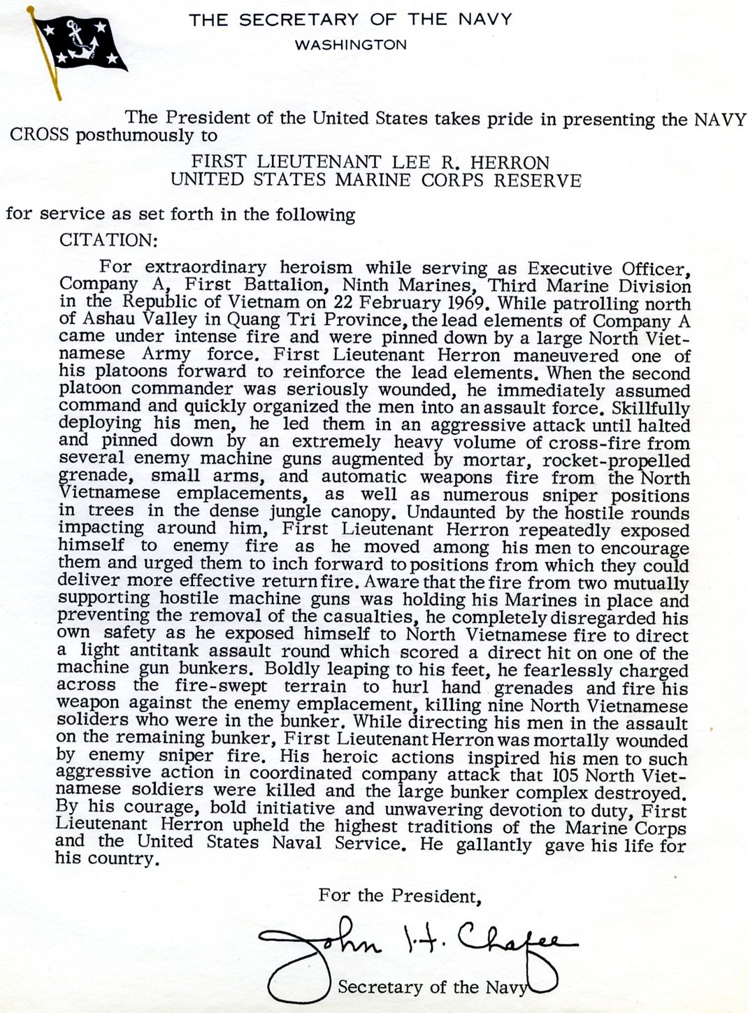 Lee Roy Herron's Navy Cross citation