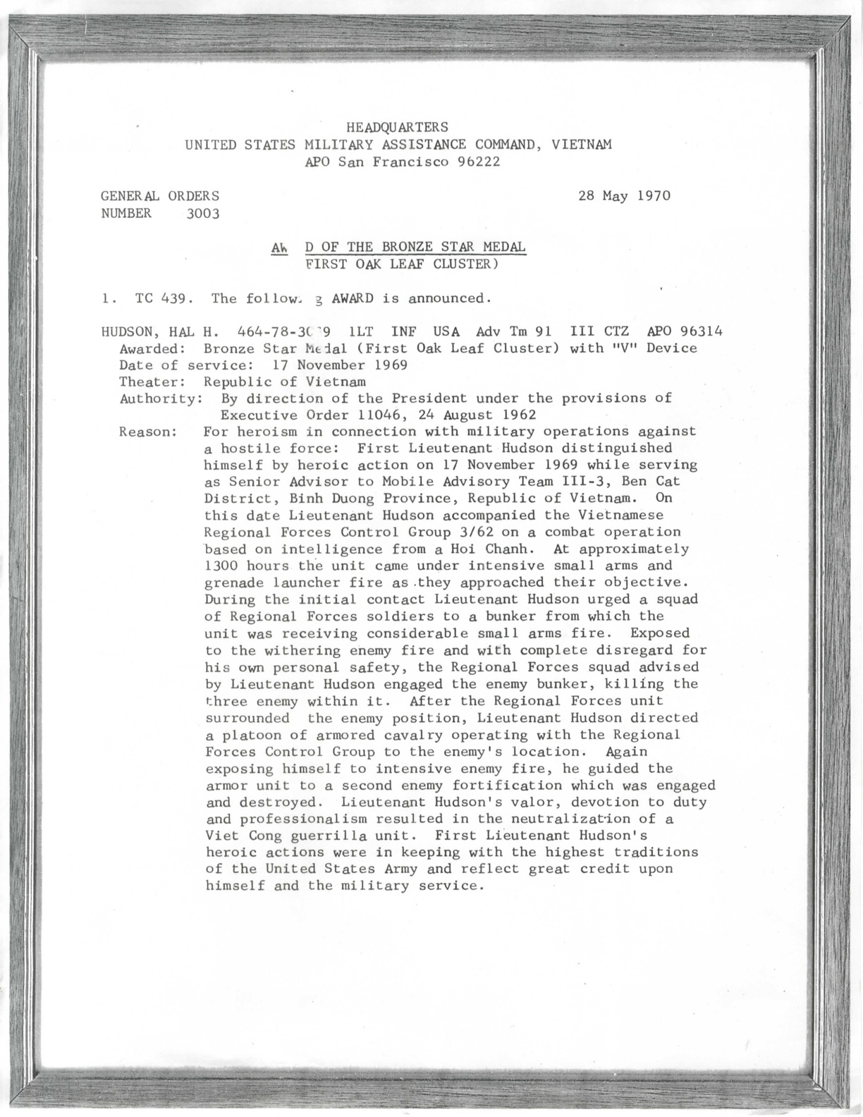 Citation for Hudson's first Bronze Star.