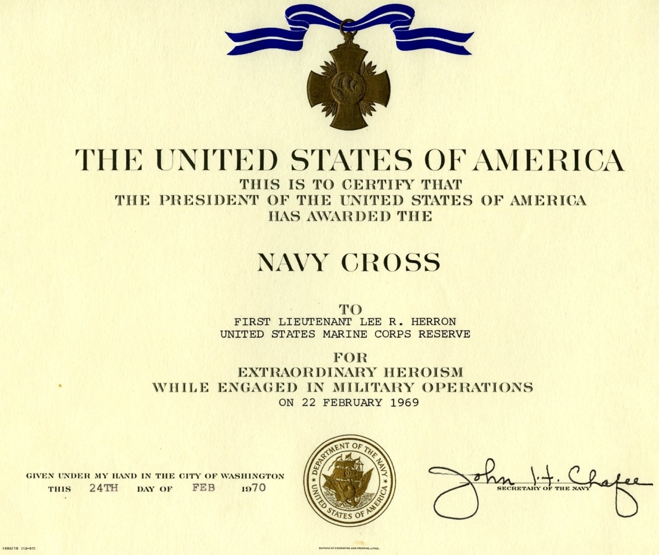 Lee Roy Herron's Navy Cross certificate 